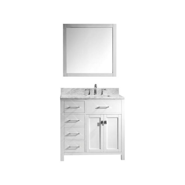 Virtu USA Caroline Parkway 36 in. W Bath Vanity in White with Marble Vanity Top in White with Square Basin and Mirror