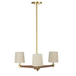 3-Light Brushed Gold Shaded Pendant Light with Linen Shades