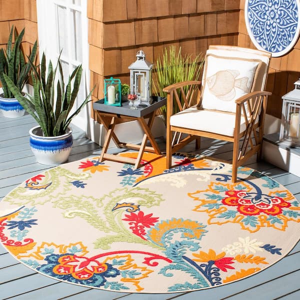 Cabana Ivory/Blue 3 ft. x 3 ft. Floral Scroll Round Indoor/Outdoor Area Rug