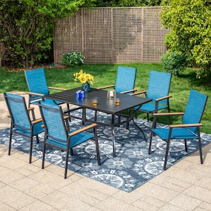 Black 7-Piece Metal Outdoor Patio Dining Set with Slat Rectangle Table and Stackable Aluminum Chairs