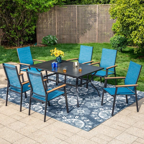 PHI VILLA Black 7-Piece Metal Outdoor Patio Dining Set with Slat Rectangle Table and Stackable Aluminum Chairs