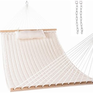12 ft. 2 Person Quilted Fabric Hammock with Spreader Bar, Pillow and Chains (Dark Cream)