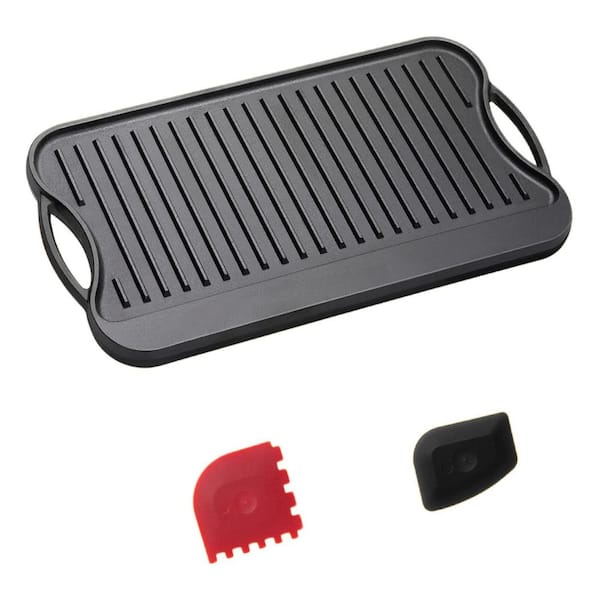 16.7 in. x 9.7 in. Black Cast Iron Reversible Grill Pan with Handles and 2 Scrapers for Gas Stovetop, Campfire and Oven