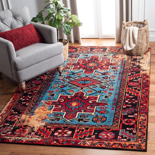 Vintage Hamadan Red/Light Blue 7 ft. x 9 ft. Floral Border Area Rug