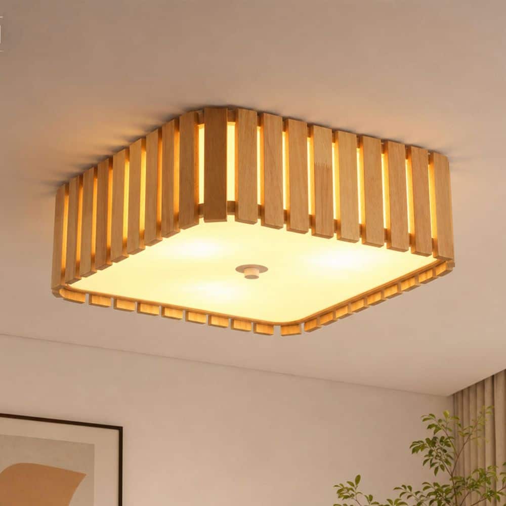 14.37 in. 3-Light Modern Farmhouse Square Matte Brown Natural Wood Flush Mount Japanese Style Ceiling Light for Bedroom price history on PriceWatchPro