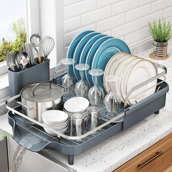 Gray Stainless Steel Expandable Dish Drying Rack for Kitchen Counter with Drainboard Set and Utensil Holder