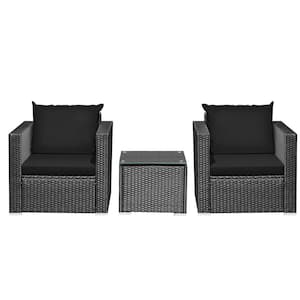 3-Piece Wicker Patio Conversation Set with Black Cushions