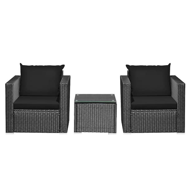 ANGELES HOME 3-Piece Wicker Patio Conversation Set with Black Cushions