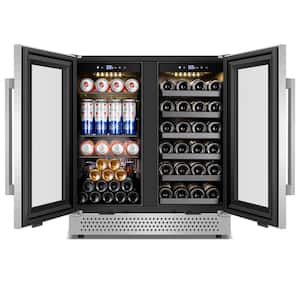 Dual Zone 30 in. Built-In 30-Wine Bottles and 100-Can with French Door Beverage and Wine Cooler, Stainless Steel