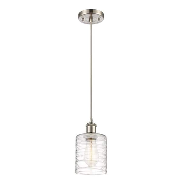 Cobbleskill 1-Light Brushed Satin Nickel Shaded Pendant Light with Deco Swirl Glass Shade