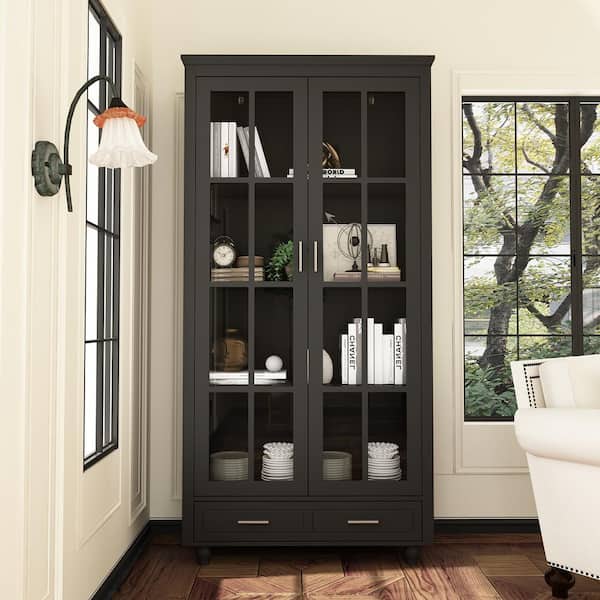 FUFU&GAGA Black 70.9 in. H 4-Shelf Office Storage Cabinet Lockers with Tempered Glass Doors, Adjustable Shelves, Drawer