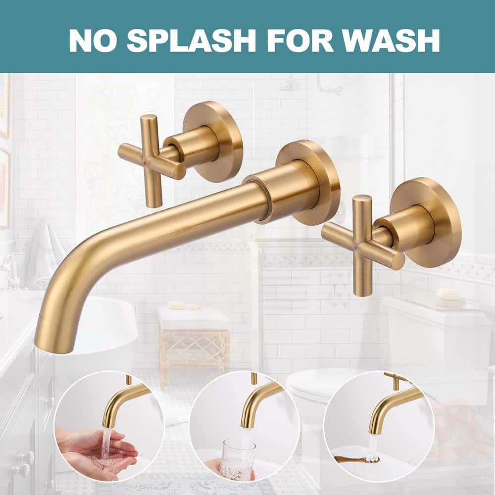 Brushed Gold Double Handle Wall Mounted Bathroom Faucet