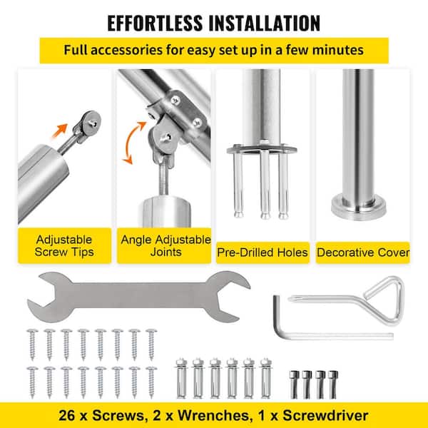 VEVOR Stainless Steel Handrail fit for Level Surface and 2 to 3 Adjustable Stair Outdoor Step Railings 441 lb. Capacity