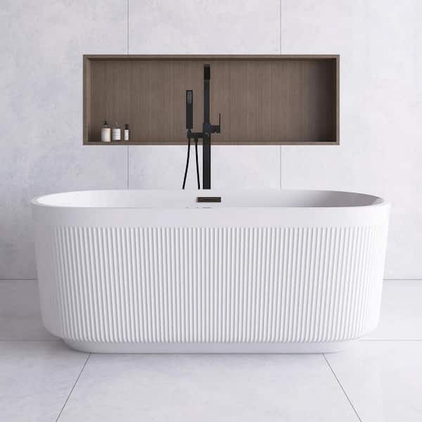 JimsMaison 59 in. x 30 in. Acrylic Freestanding Flatbottom Soaking Bathtub in Glossy White