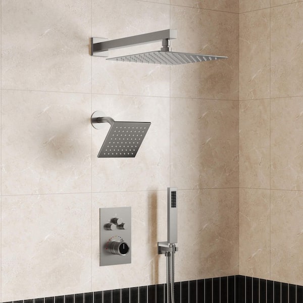 GRANDJOY Zenith Rain 8-Spray 12 and 6 in. Dual Wall Mount Shower Head and Handheld 2.5 GPM in Brushed Nickel Valve Include