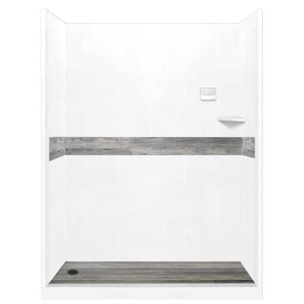 American Bath Factory Sterling Oak Pan and Walls 34 in. x 60 in. x 80 in. Left Drain Alcove Shower Kit in Natural Buff and Old Bronze Hardware