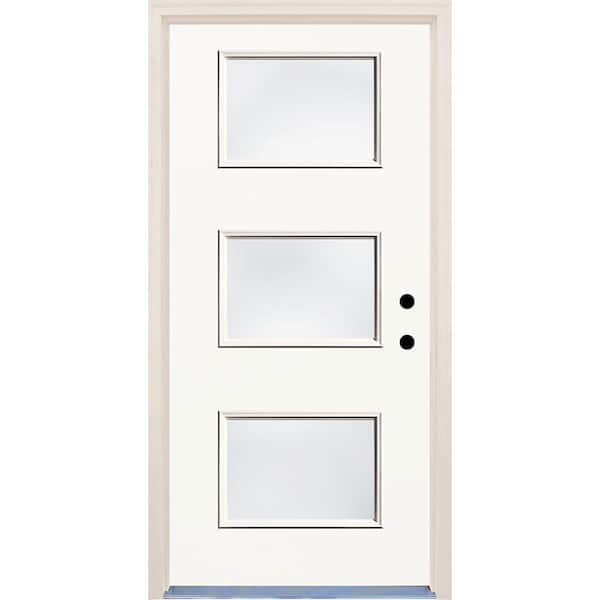 Builders Choice 36 in. x 80 in. Classic Left-Hand 3 Lite Clear Glass Painted Fiberglass Prehung Front Door with Brickmould