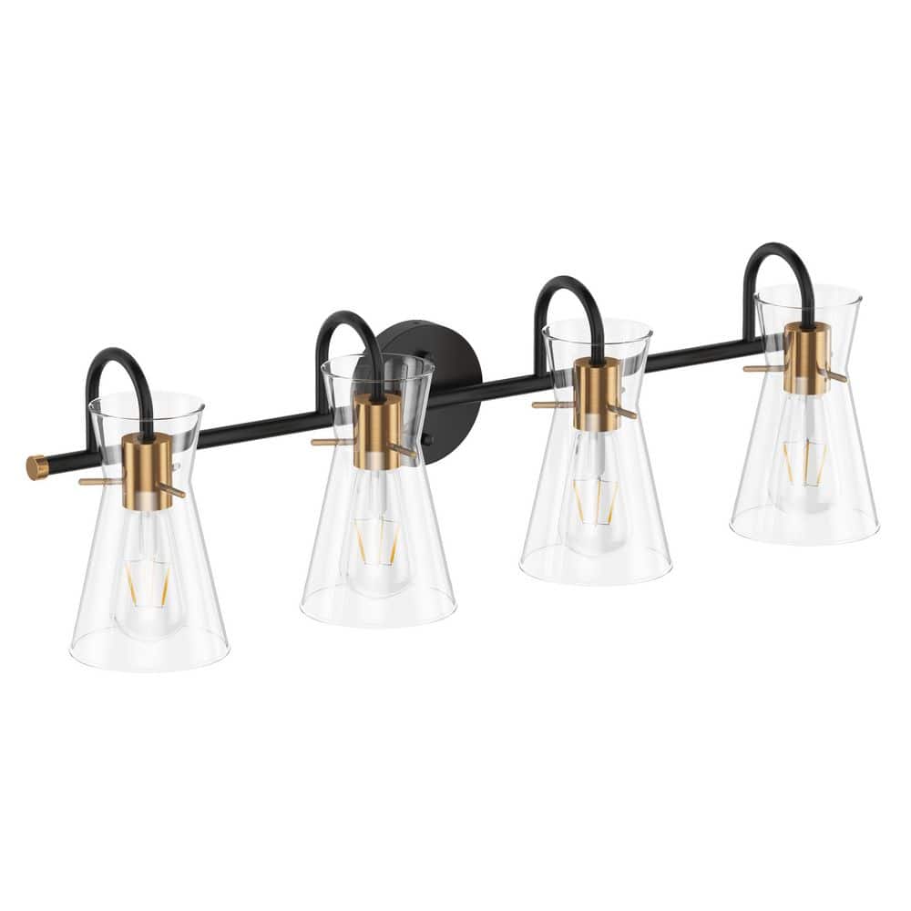 Modern 30.31 in. 4-Light Black and Gold Vanity Light Over Mirror with Clear