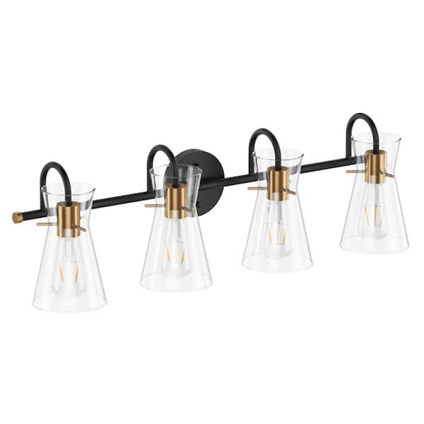 Modern 30.31 in. 4-Light Black and Gold Vanity Light Over Mirror with Clear Glass Shades
