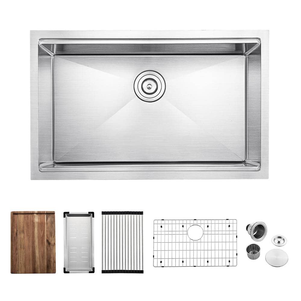 Akicon 304 Stainless Steel 30 in. Single Bowl Undermount Workstation  Kitchen Sink with Grid Cutting Board Colander Drying Rack AK-WS301909R10 -  The 