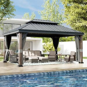 2 ft. x 16 ft. Wood Grain Double Galvanized Steel Roof Gazebo with Mosquito Netting, Ceiling Hook and Curtains