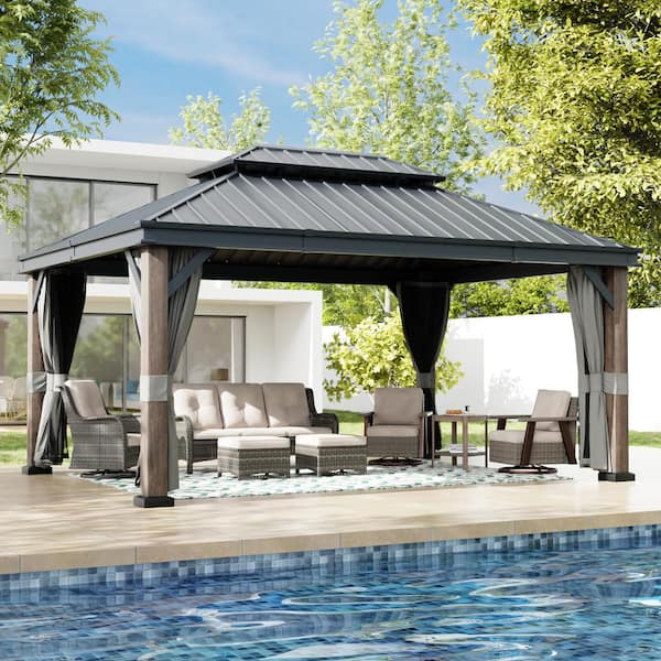 12 ft. x 16 ft. Wood Grain Double Galvanized Steel Roof Gazebo with Mosquito Netting, Ceiling Hook and Curtains