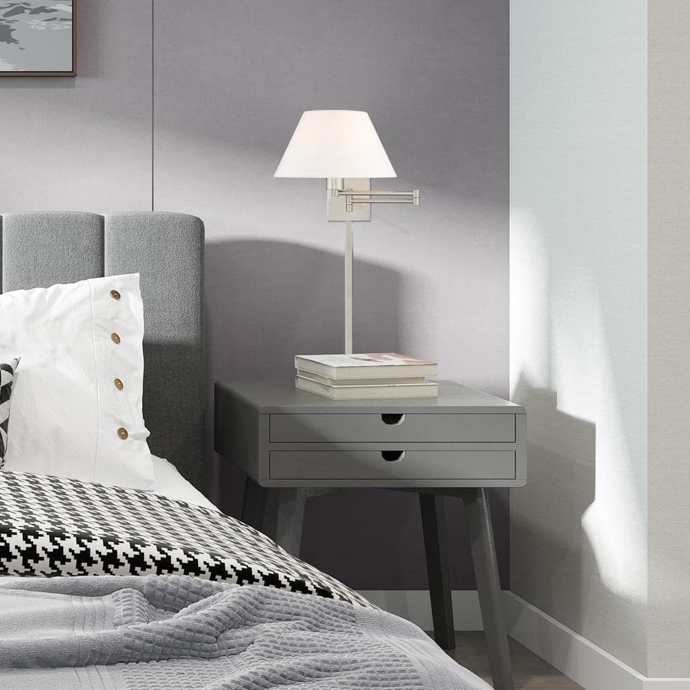Brushed Nickel Swing Arm Wall Lamp with Off-White Fabric Shade