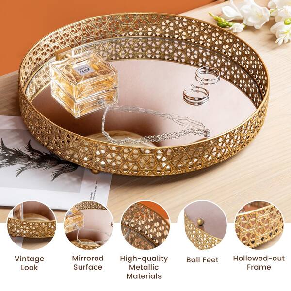 Glitzhome Round Metal Gold Mirrored Decorative Trays（Set of