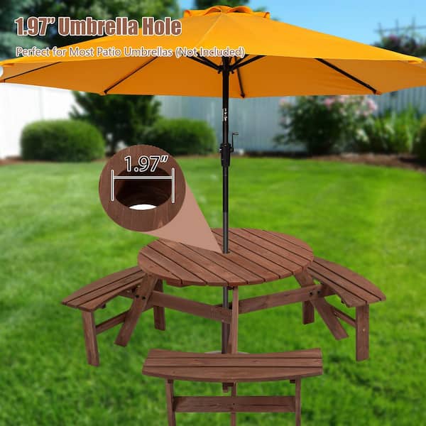 Unbranded 6-Person Brown Circular Wooden Outdoor Picnic Table, 67 in. Camping Tables, Umbrella Hole, 3-Benches, for Backyard