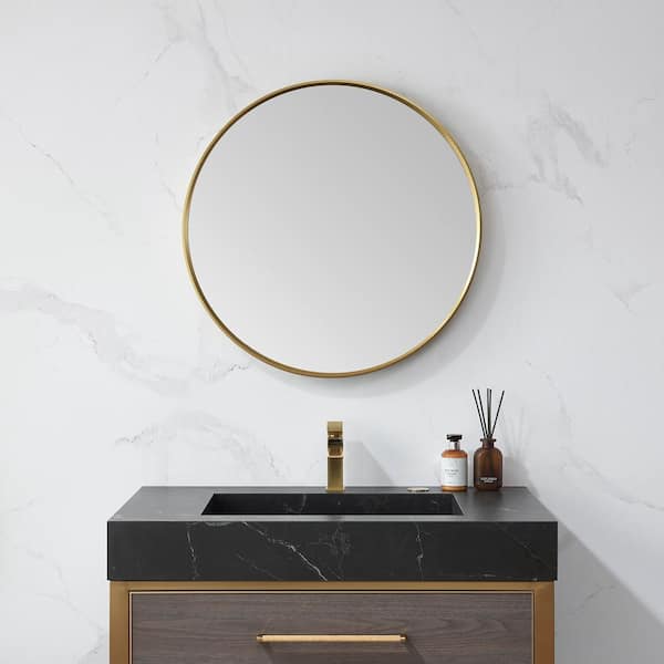 ROSWELL Cascante 28 in. W x 28 in. H Metal Framed Round Bathroom Vanity Mirror in Gold