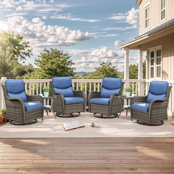 LunaCurve 6-Piece Gray Wicker Patio Conversation Set with 5 in. Olefin Blue Cushions and Swivel Glides/Side Tables