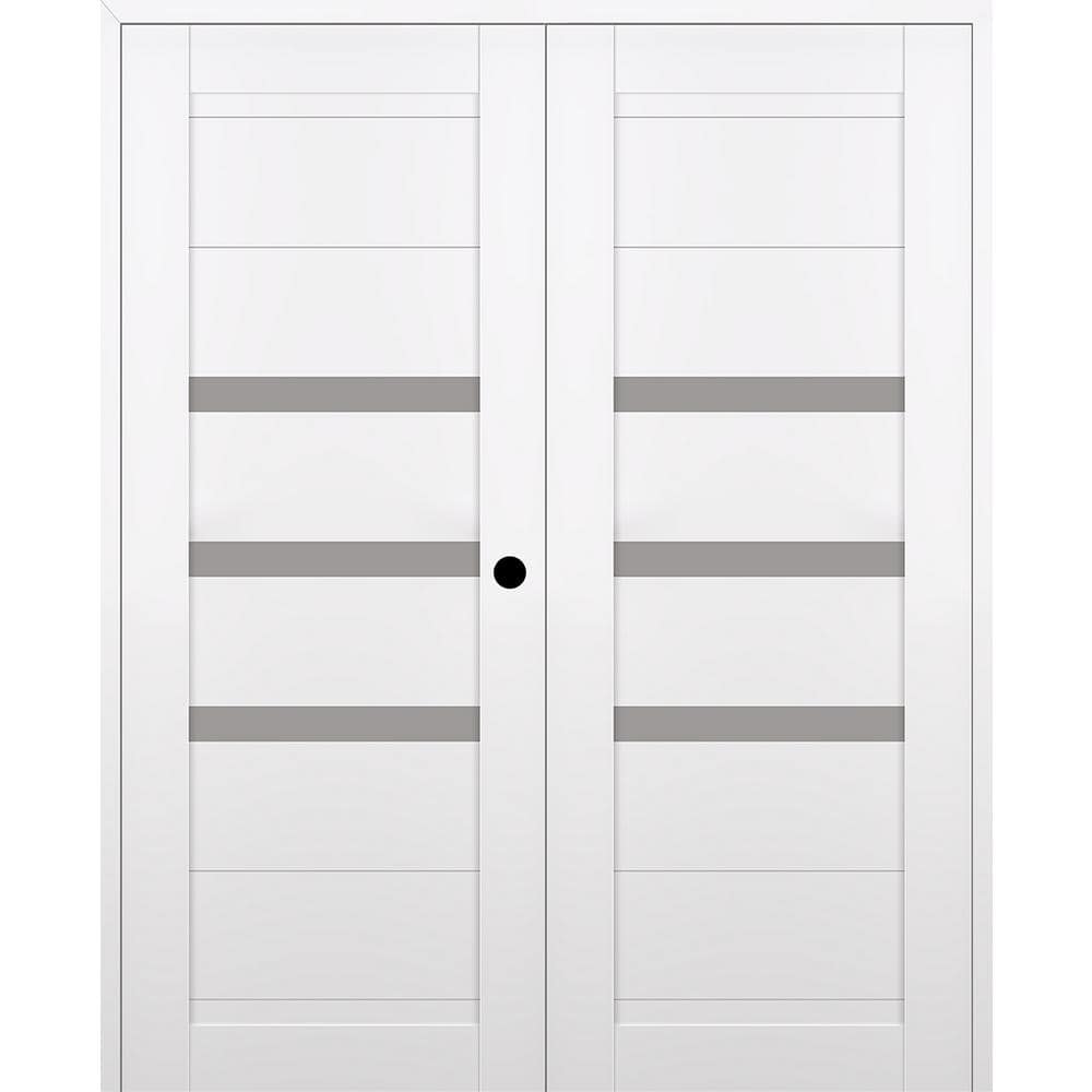 Dora 64 in. x 84 in. Left Active 3-Lite Frosted Glass Snow White Wood Composite Double Prehung Interior Door price history on PriceWatchPro