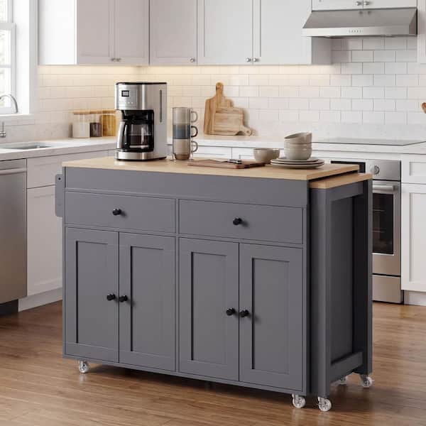 Gray Wood 74 in. Kitchen Island with Extendable Dining Table, Storage Rack, 2-Drawers and 4 Door Cabinet for Outdoors