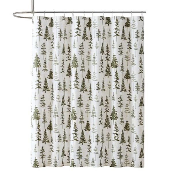 Southern Pines 1-Piece White/Forest Green Cotton Blend 72 x 72 Shower Curtain