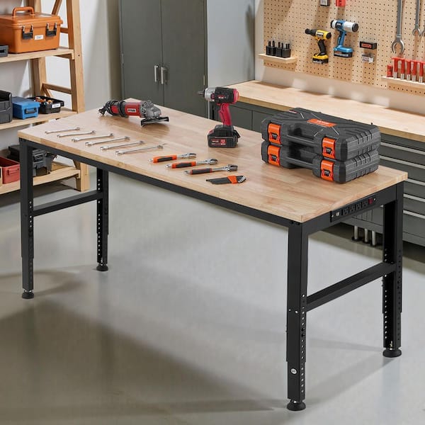 Adjustable Workbench, 2000 lbs., 61 in. x 20 in., Height Adjustable 27.1-36 in., with Power Outlets. Hardwood Top