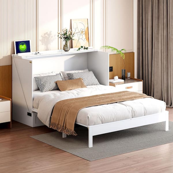 Qualler White Wood Frame Full Size Murphy Bed with Drawer