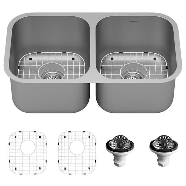 PU51 16- Gauge Stainless Steel 32 in. Double Bowl Undermount Kitchen Sink Kit