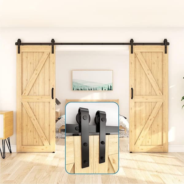 12 ft./144 in. Frosted Black Sliding Barn Door Hardware Track Kit for Double Doors with Non-Routed Floor Guide