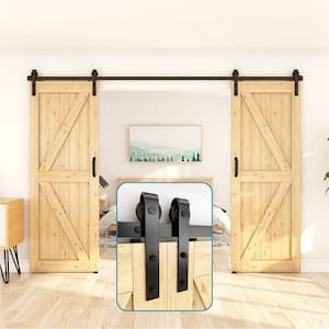 96 in. Frosted Black Sliding Barn Door Hardware Track Kit for Double Doors with Non-Routed Floor Guide