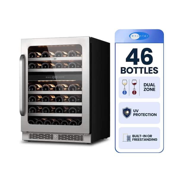 24 in. 46 Bottle Wine Cooler Dual Zone Undercounter in Black Cabinet with Stainless Steel Door
