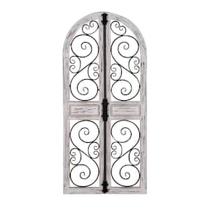 24 in. x  52 in. Wood Gray Arched Window Inspired Scroll Wall Decor with Metal Scrollwork Relief