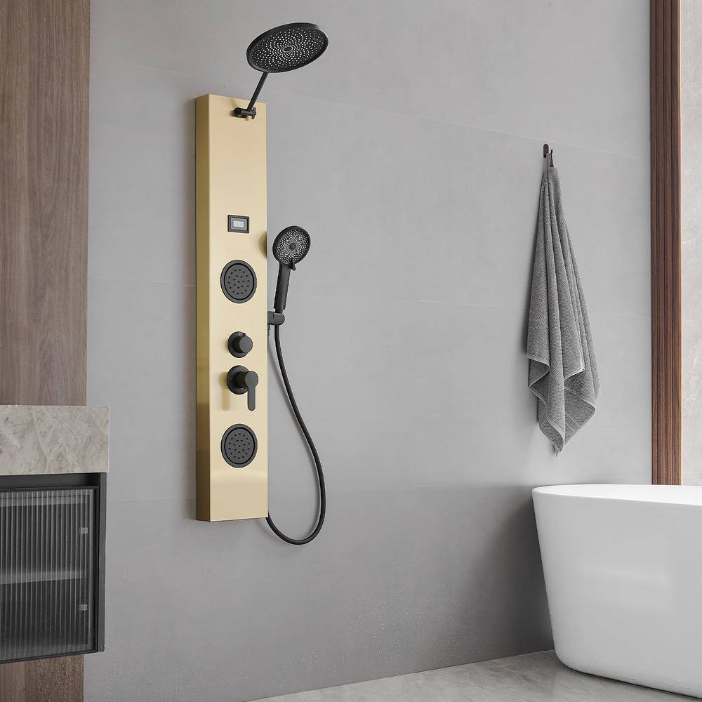 Gold and Black Stainless Steel Shower Panel System with Rainfall Shower Head