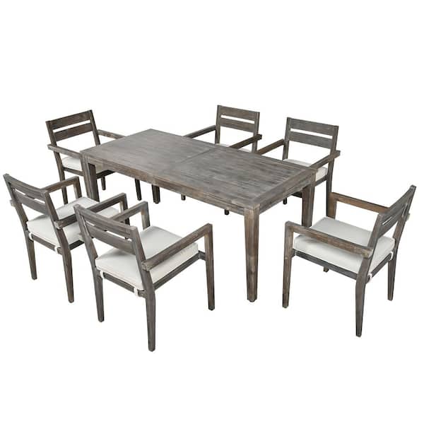 Zeus & Ruta 7-Piece Gray Acacia Wood Outdoor Dining Table Set with Chairs and Beige Cushions for Patio, Balcony, Backyard