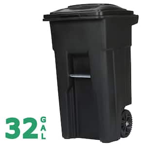 32 Gallon Black Rolling Outdoor Garbage/Trash Can with Wheels and Attached Lid