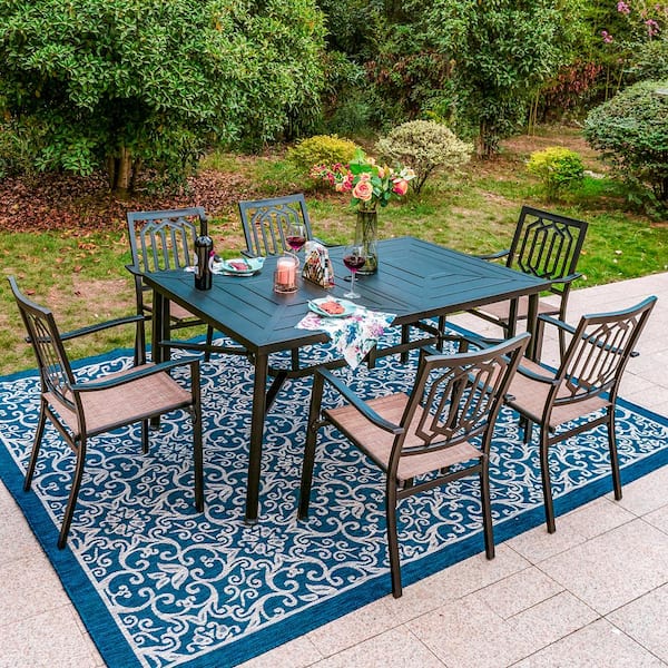 PHI VILLA Black 7-Piece Metal Rectangle Outdoor Patio Dining Set with Straight-Leg Table and Fashion Stackable Chairs
