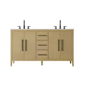 60 in. Double Sink Honey Brown Bath Vanity with White Engineered Marble Top