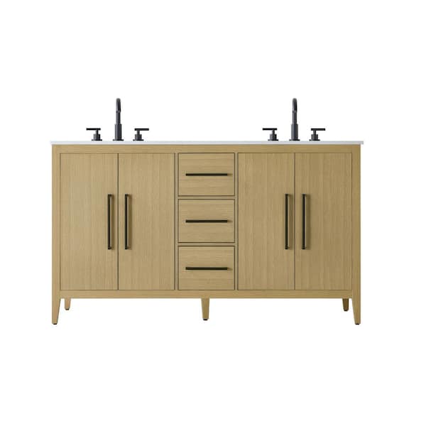 60 in. Double Sink Honey Brown Bath Vanity with White Engineered Marble Top