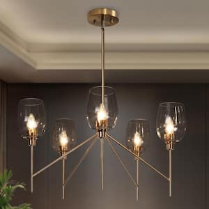 Transitional Dining Room Candlestick Chandelier 5-Light Plating Brass Chandelier with Textured Glass Shades