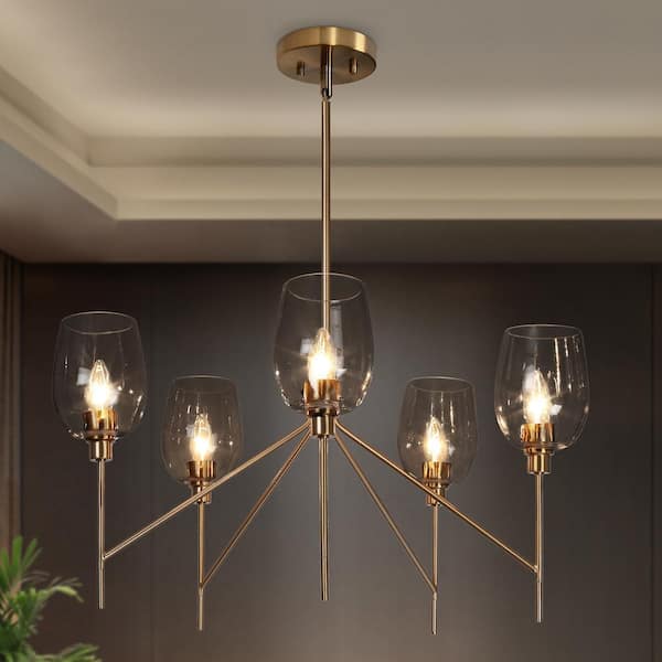 Uolfin Transitional Dining Room Candlestick Chandelier 5-Light Plating Brass Chandelier with Textured Glass Shades