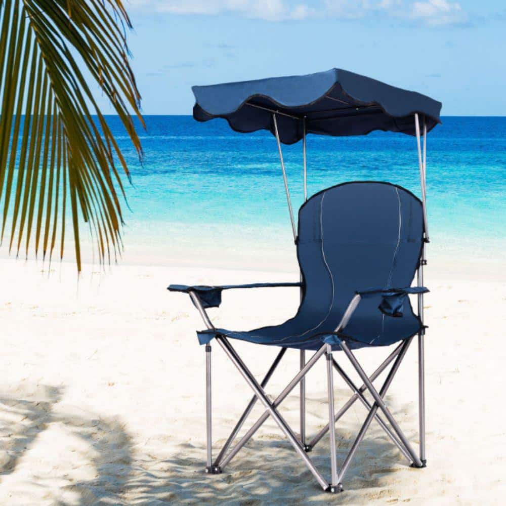 Blue Portable Folding Camping Chair with Canopy and Cup Holders